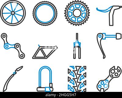 Set di icone bici. Contorno grassetto modificabile con disegno riempimento colore. Illustrazione vettoriale. Illustrazione Vettoriale