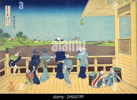 Giappone: “Sazai Hall - Tempio del Cinquecento Rakan”. Ukiyo-e stampa in blocco della serie «trentasei viste del Monte Fuji» di Katsushika Hokusai (31 ottobre 1760 - 10 maggio 1849), 1830. “trentasei viste del Monte Fuji” è una serie di stampe in legno realizzate dall’artista giapponese Katsushika Hokusai. La serie raffigura il Monte Fuji in stagioni e condizioni meteorologiche diverse da una varietà di luoghi e distanze. Si compone di 46 stampe create tra il 1826 e il 1833. I primi 36 furono inclusi nella pubblicazione originale e, a causa della loro popolarità, ne furono aggiunti altri 10. Foto Stock