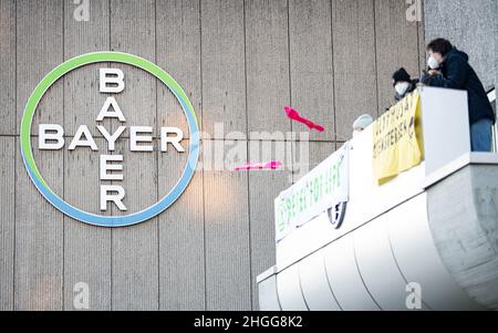 Berlino, Germania. 21st Jan 2022. Gli attivisti della ribellione di estinzione bloccano l'ingresso dell'azienda chimica Bayer Monsanto a Berlino. Il movimento ambientalista vuole protestare contro l'estinzione delle specie con l'azione di blocco in occasione della settimana verde. Credit: Fabian Sommer/dpa/Alamy Live News Foto Stock