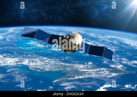 Spazio di carico Craft pianeta Terra.sfondo scuro. Sci-fi wallpaper.Space Station orbiting Earth.Space ship.Space art wallpaper.Solar Observatory.element Foto Stock