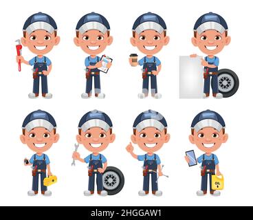 Personaggio cartoon meccanico automatico. Allegro automeccanico, set di otto pose. Illustrazione del vettore di scorta su sfondo bianco Illustrazione Vettoriale
