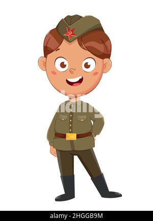 23 febbraio. Buon Difensore della Faterland Day, festa russa. Ragazzo carino in costume di soldato. Illustrazione del vettore di scorta Illustrazione Vettoriale