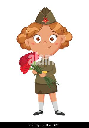 23 febbraio. Buon Difensore della Faterland Day, festa russa. Ragazza carina con un bouquet di fiori. Illustrazione del vettore di scorta Illustrazione Vettoriale