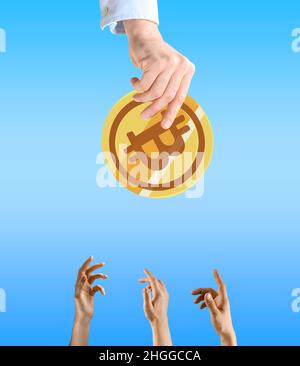Valuta Crypto. Design moderno, collage d'arte contemporanea. Ispirazione, idea, stile alla moda della rivista urban. Mani umane e bitcoin Foto Stock