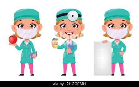 Dottore donna personaggio cartoon, set di tre pose. Bella dottore femminile. Illustrazione del vettore di scorta su sfondo bianco Illustrazione Vettoriale