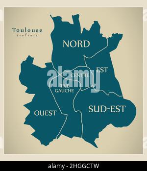 Mappa della città moderna - Tolosa città di Francia con i quartieri etichettati Illustrazione Vettoriale