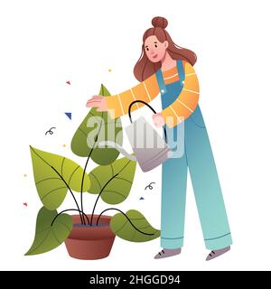 Una ragazza in tute in denim innaffia fiori. Il concetto di piante in casa. Illustrazione Vettoriale