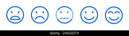 Set di icone del sentimento di feedback dell'esperienza utente. Icone di emoticon vettoriali per feedback di soddisfazione. Volti con diverse espressioni tra cui eccellente, ha Illustrazione Vettoriale