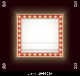 Scatola luminosa retrò con lampadine isolate su sfondo scuro. Vintage teatrino signboard mockup. Illustrazione Vettoriale