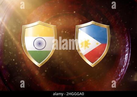 india e filippine bandiera in scudo dorato su rame texture background.3d illustrazione. Foto Stock