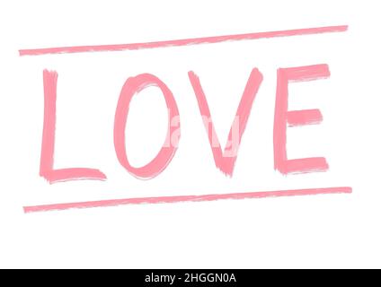 Parola amore con cornice scritta con pennello in rosa e inchiostro su sfondo bianco isolato. Lettere e testi scritti a mano calligrafici. Let Foto Stock