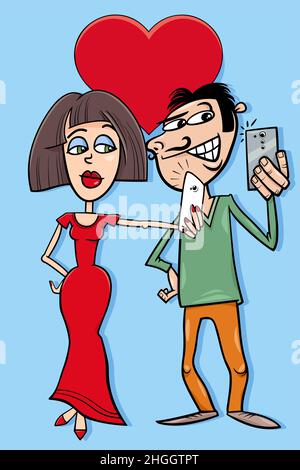 San Valentino biglietto d'auguri illustrazione cartoon con uomo e donna personaggi fare selfie Illustrazione Vettoriale