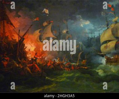 La spagnola Armada, una flotta spagnola degli Asburgo di 130 navi salpò da Lisbona nel 1588 allo scopo di scortare un esercito dalle Fiandre per invadere l'Inghilterra e rovesciare la regina Elisabetta i e la sua istituzione di protestantesimo in Inghilterra; per fermare l'interferenza inglese nei Paesi Bassi spagnoli; E terminare le navi private inglesi e olandesi che sconvolgono gli interessi spagnoli nelle Americhe. Le navi da guerra inglesi erano più veloci e manovrabili dei grandi galeoni spagnoli, consentendo loro di sparare sull'Armada senza perdite e il maltempo finì fuori dal lavoro. Foto Stock