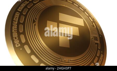 Golden Cryptocurrency of FTX Token FTT Sign isolato su sfondo bianco Foto Stock