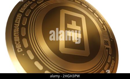 Golden Cryptocurrency di Theta segno isolato su uno sfondo bianco Foto Stock