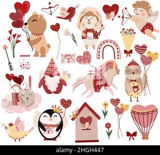 Grande set per San Valentino, felice Cupido, animali, fiori, uccelli, palloncini, gnome, bouquet di fiori, arcobaleno. Simpatici personaggi colorati. Animali enamored. Set di icone piatte. Illustrazione vettoriale. Illustrazione Vettoriale