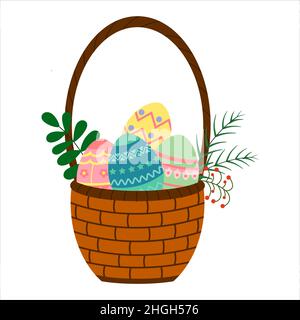 Illustrazione vettoriale di un cesto con uova colorate e rametti di piante isolate su sfondo bianco. Illustrazione Vettoriale