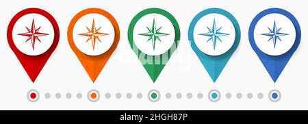Bussola, set di icone vettoriali di concetto di viaggio, puntatori a disegno piatto, modello infografico Illustrazione Vettoriale