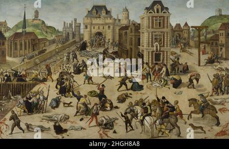 Das Blutbad der Bartholomäusnacht, Gemälde von Francois Dubois, um 1584, Bartholomäusnacht, Pariser Bluthochzeit, Massacre de la Saint-Barthélemy, War ein pogrom an französischen Protestanten, den Hugenotten, das in der Nacht vom 23. zum 24. 1572 agosto, dem Bartholomäustag, stattfand / il bagno di sangue della Notte di San Bartolomeo, dipinto da Francesco Dubois, c.. 1584, Notte di San Bartolomeo, matrimonio del sangue parigino, Massacre de la Saint-Barthélemy, era un pogrom contro i protestanti francesi, gli Ugonotti, che si è svolto la notte del 23-24 agosto 1572, giorno di San Bartolomeo, Historiisch, Foto Stock