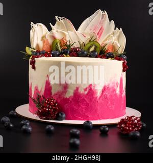 Torta con ripieno di mirtilli, kiwi e melograno, primo piano su nero. Foto Stock