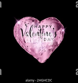 Vetro Happy Valentines modello scheda giorno - vetro rosa forma cuore concetto illustrazione su sfondo nero con felice San Valentino testo giorno Illustrazione Vettoriale