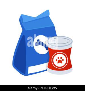 Cibo per cani - moderno design piatto singolo oggetto isolato. Immagine dettagliata di grande sacchetto blu di delicatezza per animali domestici secchi e una ciotola rossa con stampa della zampa. Equilibrio Illustrazione Vettoriale