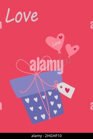 Una scatola regalo e palloncini. Immagine vettoriale in stile boho. san valentino. Un biglietto d'auguri con una dichiarazione d'amore. Illustrazione Vettoriale