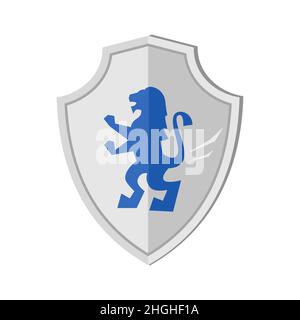 Scudo con stemma - moderno oggetto isolato in stile piano. Immagine ordinata di elemento di protezione con l'immagine di un leone blu, m Illustrazione Vettoriale