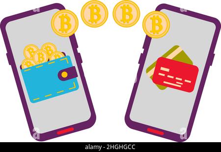 Pagamenti elettronici semplici e sicuri su uno smartphone utilizzando applicazioni finanziarie e: L'utente riceve bitcoins sul suo smartphone Illustrazione Vettoriale