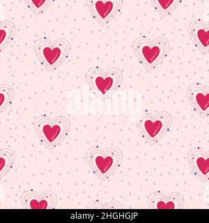 Semplice ripetizione senza giunture. Cuori su sfondo rosa. San Valentino sfondo. Design piatto in stile boho. Illustrazione Vettoriale