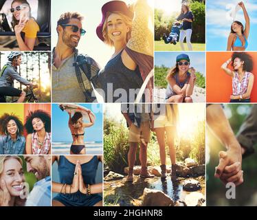 Divertimento all'aperto. Immagine composita di un gruppo diversificato di persone sorridenti. Foto Stock