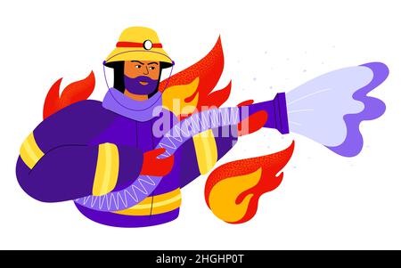 Il pompiere spegne il fuoco - colorata illustrazione di stile di disegno piatto con un carattere di cartone animato. Serio eroe barbuto usa cannone d'acqua per overco Illustrazione Vettoriale