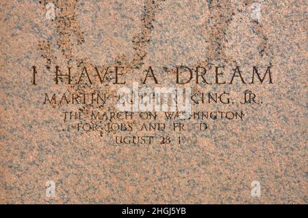 HO Un'iscrizione DA SOGNO su un passo di fronte al Lincoln Memorial in memoria del discorso del Dr. Martin Luther King Jr. Nel 1963 a Washington DC, Stati Uniti Foto Stock