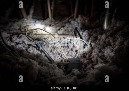 Filo elettrico e condotto che si stendano sciolti su isolamento soffiato in una soffitta casa. Foto Stock