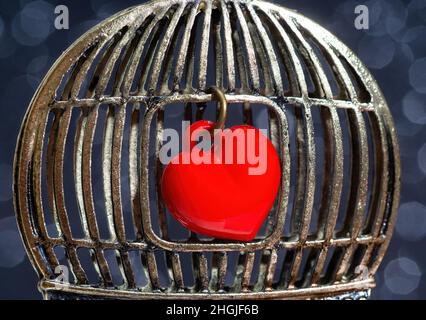 Primo piano di un piccolo pendente a forma di cuore rosso bloccato all'interno di una gabbia per uccelli vintage su uno sfondo nero brillante. Foto Stock