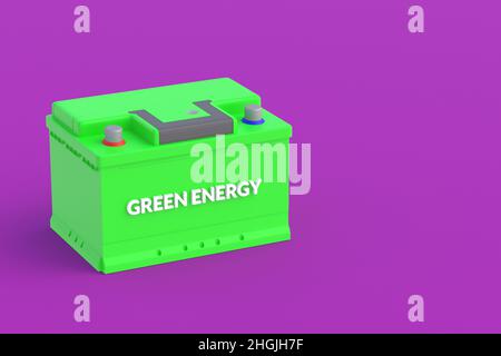 Batteria auto con iscrizione verde energia. Elettricità ecologica. Nuove tecnologie. Protezione ambientale. Spazio di copia. 3d rendering Foto Stock