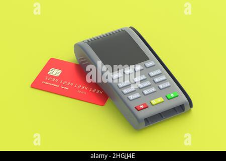 Registratore di cassa portatile con carta di credito in plastica su sfondo giallo. 3d rendering Foto Stock