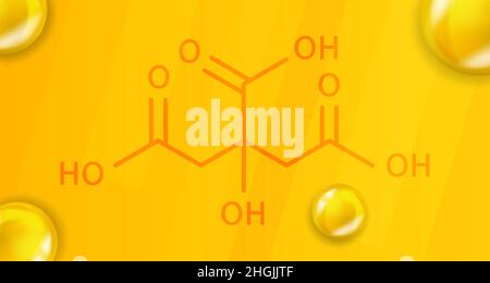 Formula chimica dell'acido citrico. Acido citrico 3D struttura molecolare chimica realistica Illustrazione Vettoriale