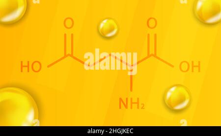 Formula chimica dell'acido glutammico. Acido glutammico 3D struttura molecolare chimica realistica Illustrazione Vettoriale