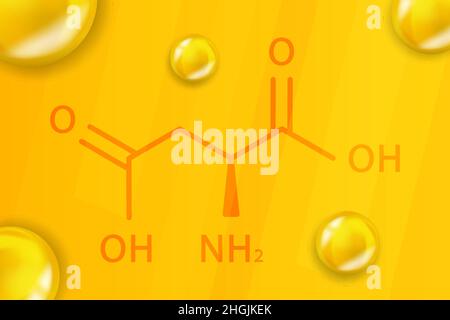 Formula chimica dell'acido aspartico. Acido aspartico 3D struttura molecolare chimica realistica Illustrazione Vettoriale