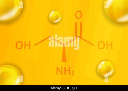 Formula chimica della serina. Serine 3D struttura molecolare chimica realistica Illustrazione Vettoriale