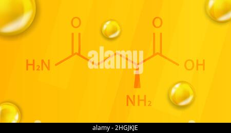 Formula chimica della glutammina. Glutammina 3D struttura molecolare chimica realistica Illustrazione Vettoriale