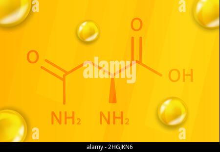 Formula chimica dell'asparagina. Asparagina 3D struttura molecolare chimica realistica Illustrazione Vettoriale