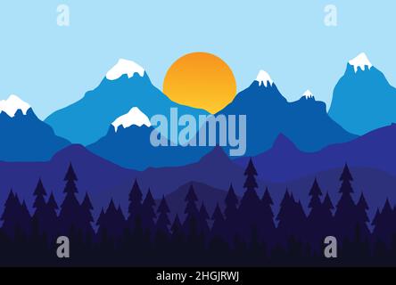 3D illustrazione carta da parati paesaggio. Montagne blu e alberi di Natale foresta e alba. Illustrazione Vettoriale