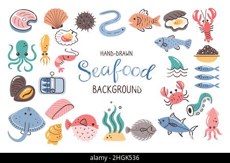 Sfondo di frutti di mare. Pesce, alghe e crostacei. Ingredienti per cucinare illustrazione. Icone colorate isolate disegnate a mano su sfondo bianco. Ve Illustrazione Vettoriale