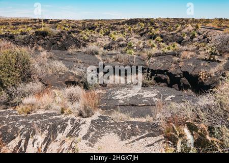 La lava indurita nera che fluiva nel bacino di Tularosa 5.000 anni fa, formando il flusso di Lava Malpais nel New Mexico, USA Foto Stock