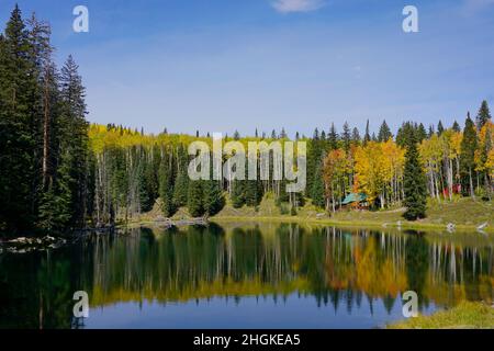 Scena tranquilla di una cabina da un laghetto circondato da colori autunnali Foto Stock