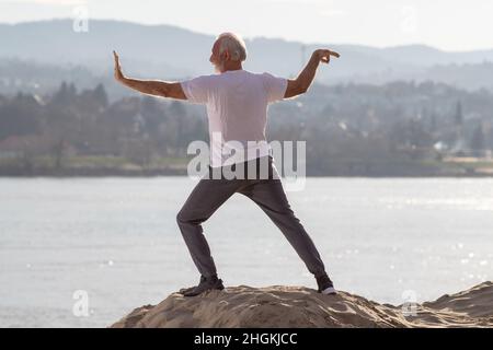 Vista posteriore dell'uomo anziano che pratica tai chi chuan e qigong sulla spiaggia di sabbia del fiume, rilassante, meditando nella natura Foto Stock