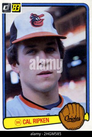 Una tessera da baseball di 1983 Donruss raffigurante Cal Ripken dei Baltimore Orioles. Foto Stock