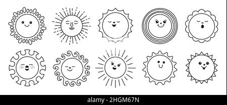Set di personaggi Sun Emotion Doodle Outline. Affronta estate cute suns collezione. Solare divertente peperoncino soleggiato. Sorridente sole splendente con raggi del sole. Immagine del ritaglio del vettore di contorno isolato sfondo bianco Illustrazione Vettoriale